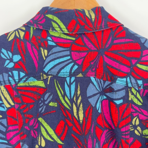 🌺 Multi-Color Floral Tropical Print Denim Jacket Resort Wear Vacation Chic Sz 12 - Picture 11 of 15